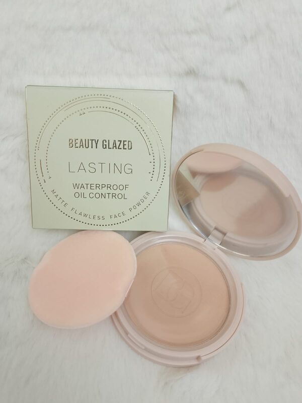 "Beauty Glazed Face Powder with a matte finish, lightweight formula, and oil-control properties, perfect for all skin types."