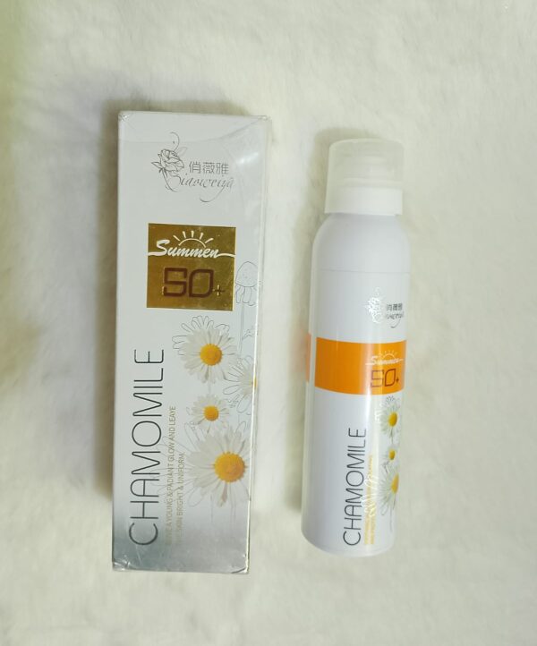 Chamomile Glow Shield Sunscreen Spray SPF 50+ with Chamomile Essence, providing broad-spectrum sun protection, hydration, and a soothing, non-greasy formula for all skin types.